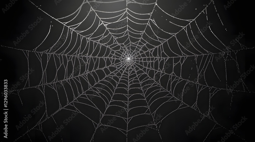 Aufkleber A mesmerizing close-up of a spiderweb, showcasing its intricate design and delicate structure against a dark background. Intricate Spiderweb Design: Nature's Geometric Marvel