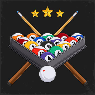 Hand drawn billiard eight balls rack with cues and white ball ready to break on a pool club