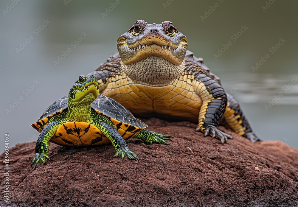 Poster crocodile and turtle relaxing on rock by shallow water with greenery in background, close-up of rept