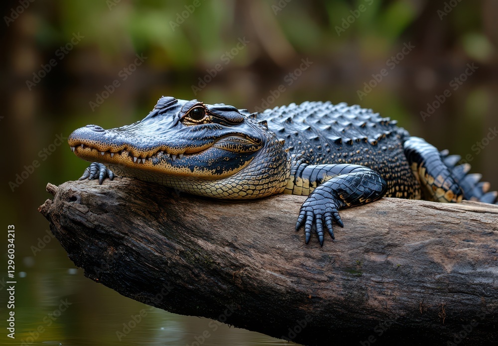 Poster crocodile basking in natural habitat on a log surrounded by lush vegetation and calm waters, close-u