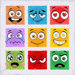 Hand drawn set of colorful and face expressing emojis, funny squared faces pack showing expressions