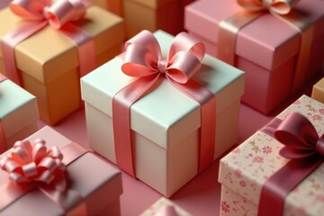 Obraz premium A Collection of Pastel-Colored Gift Boxes with Delicate Pink Ribbons, Arranged on a Soft Pink Surface