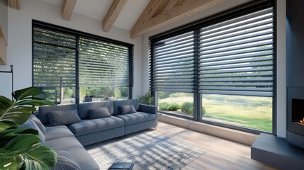 Fototapeta premium Modern Living Room with Stylish Window Blinds in Bright Atmosphere