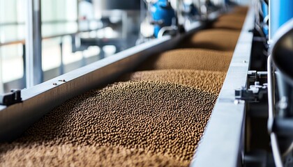 Industrial Conveyor Belt Transports Brown Pellets
