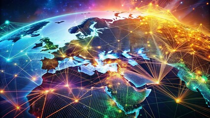 Abstract Double Exposure: Western Europe, North Africa, Middle East Digital Map Network Connectivity