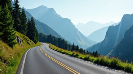 Fototapeta premium Serene Winding Road Through Majestic Mountain Range with Lush Greenery and Wildflowers
