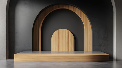 Fototapeta premium a round platform sits in front of a wall with vertical wooden slats