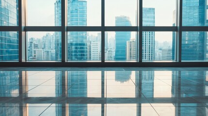 Modern Office Interior with Cityscape View through Large Windows