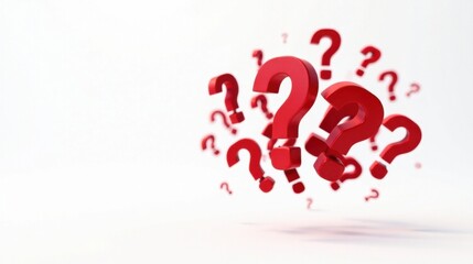 A multitude of crimson question marks float against a pristine white backdrop, symbolizing inquiry, uncertainty, and the pursuit of knowledge.