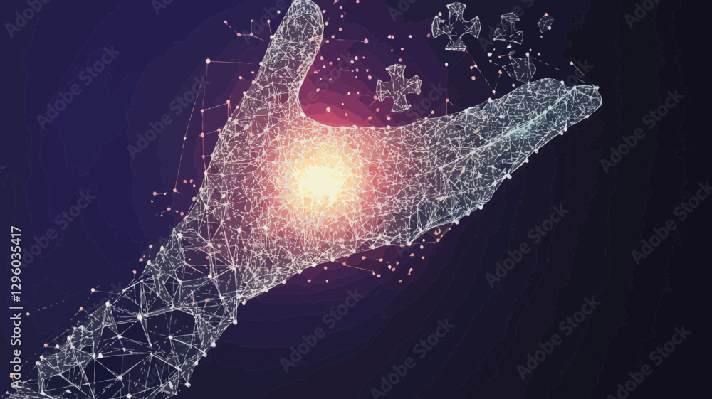 Poster abstract polygonal hand holding puzzle with light connection structure - business concept of problem