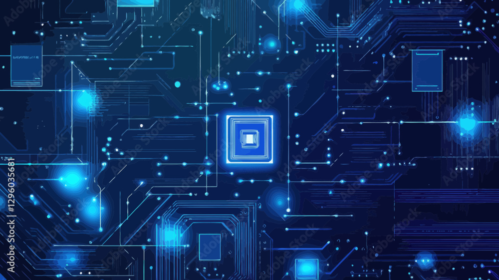 Poster futuristic abstract ai circuit board with blue tech lines, microchip, and semiconductor elements - m