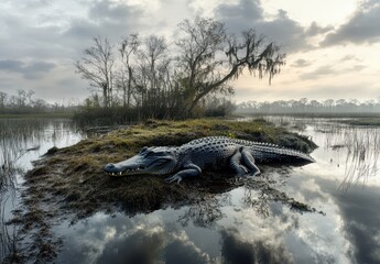 Crocodile Lying on Marshland with Reflection in Water under Cloudy Sky during Early Morning Light