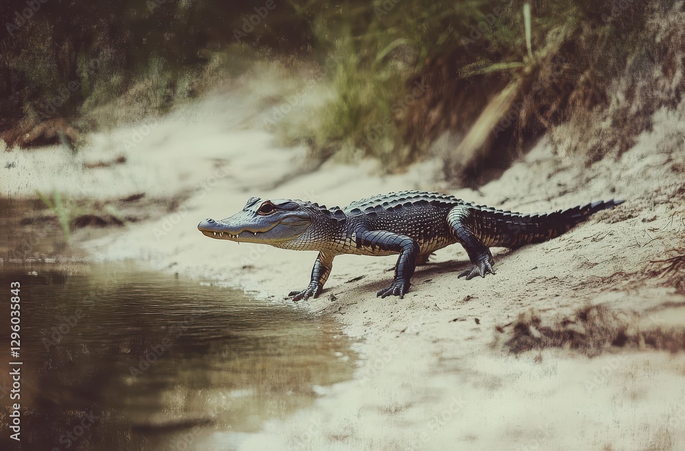 Poster crocodile near water's edge in a natural habitat setting with soft lighting and textured background