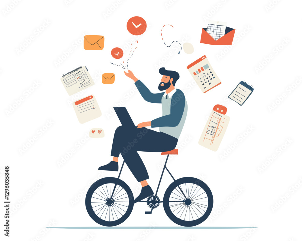 Poster skillful businessman juggling multitasking elements on unicycle - productivity and project managemen