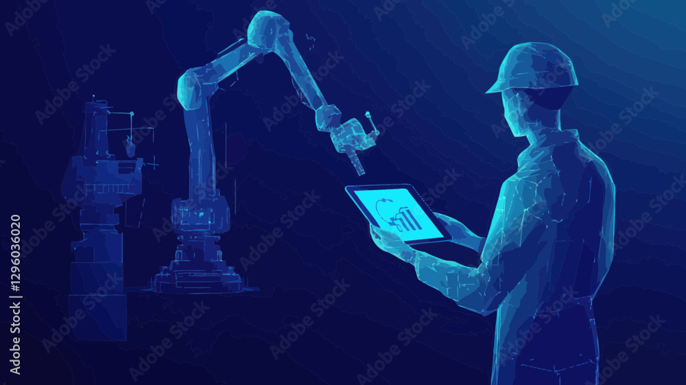 Poster abstract polygonal engineer controlling robotic arm and tools with tablet in smart manufacturing aut