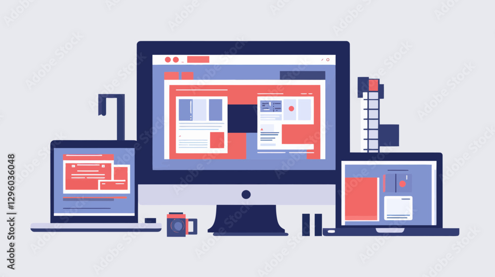 Poster responsive web design development and page construction illustration featuring different devices