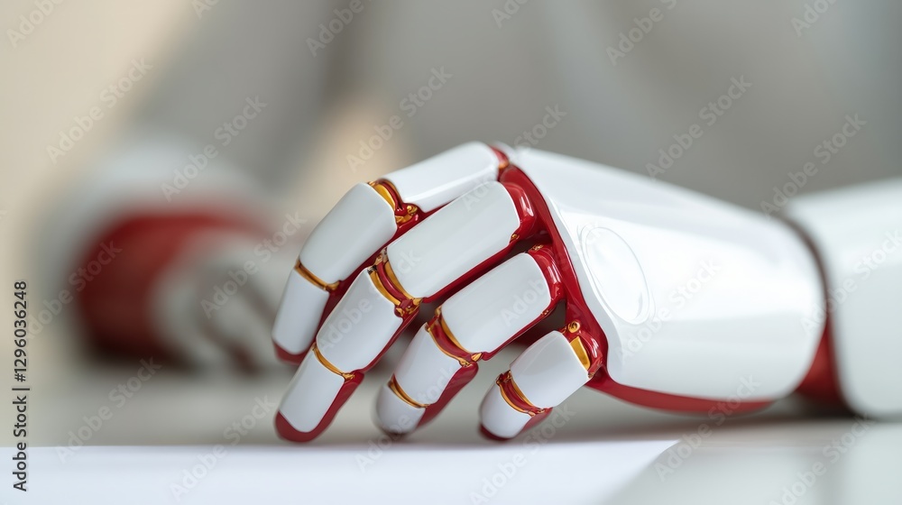Aufkleber close up of a robotic hand with red and white segments resting on a white surface advanced technolog