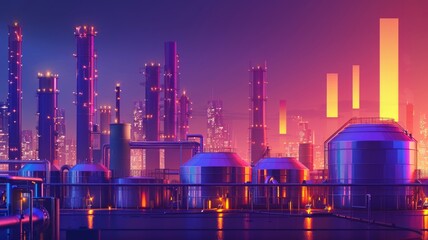 Futuristic industrial facility at dusk with reflections on water. Abstract artwork of industrial factory with neon glowing color with gradient color sky. Digital art for design and print. AIG53.