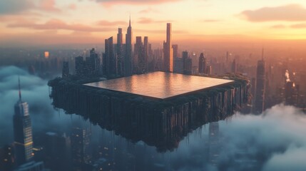 Obraz premium Podium floating in mid-air above a city skyline