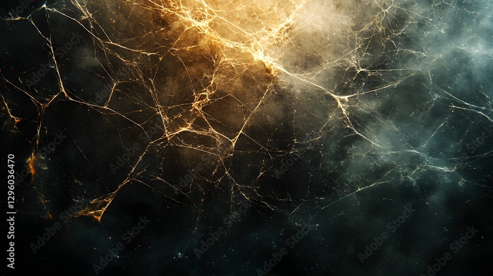 Poster A captivating abstract image depicting a cosmic web, resembling a celestial tapestry woven with golden and dark threads against a smoky backdrop. Cosmic Web: A Celestial Tapestry of Gold and Shadow