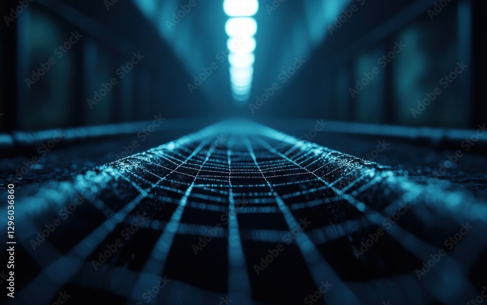 Poster intricate spiderweb pattern across dark pathway leading to bright lights abstract texture background