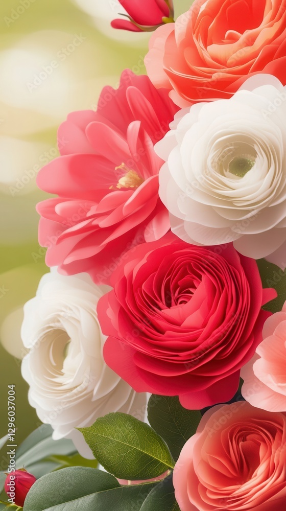 Poster vibrant display of colorful flowers in full bloom surrounded by lush greenery and soft natural light