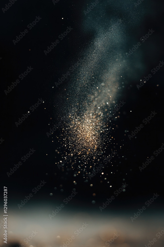 Poster dazzling particles float gracefully in dark backdrop, creating e
