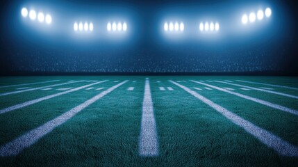 Nighttime Football Field with Bright Lights and Green Grass Surface