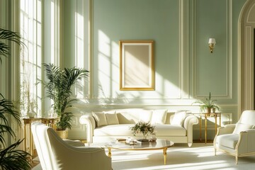 Fototapeta premium opulent living room bathed in soft sunlight, cream furniture with gold accents against sage green walls, airy and elegant, exuding luxury and calm sophistication.