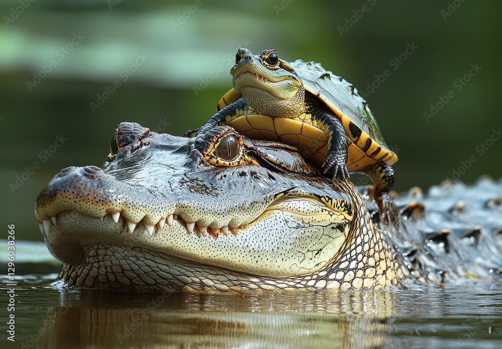 Poster crocodile with turtle on its back swimming in calm water under natural light setting in a lush green