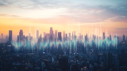 Fototapeta premium A city skyline with digital graphs and waves representing stock market trends 