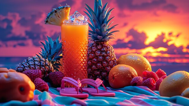 A relaxing seaside picnic featuring a chilled tumbler of pineapple punch surrounded by fresh tropical fruits and a pair of flip-flops on a pastel-striped cloth
