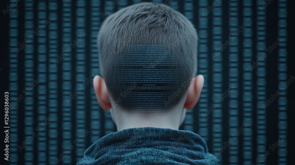 Poster Child s head with digital code overlay against a binary code background A conceptual image representing technology programming data and the future