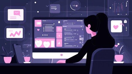Female Professional Using Computer in a Modern Workspace with Data Visualizations and Notifications for Productivity Analysis and Social Media Engagement