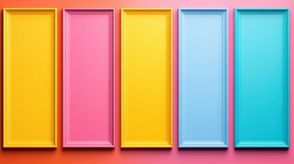 Colorful Frames Mockup Bright Yellow Pink Blue and Turquoise Empty Picture Frames on a Coral Background for Design Presentation