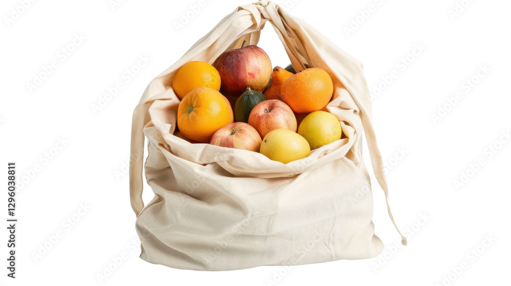 Poster reusable shopping bag filled with fresh apples and oranges on transparent background