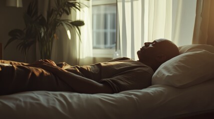 Rare illness patient enjoying a quiet moment in a cozy bedroom with soft lighting. Featuring comfort and relaxation