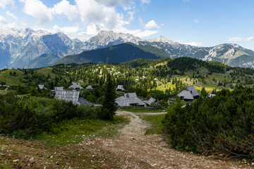 Velika Planina, Kamnik, Slovenia. Lord of the Rings style village. Wooden typical houses, hills,...