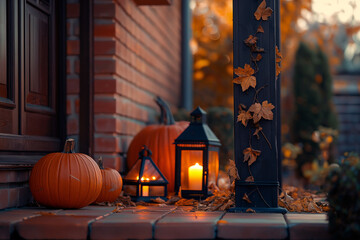 Obraz premium Fall Pumpkin Decorations for Entrance Steps After Dark. It can be used for various scenes, Halloween, Thanksgiving, and Christmas elements decoration