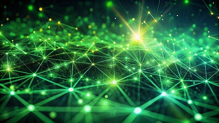 Obraz premium Abstract Green Digital Background: Glowing Particles & Connections in Low Light