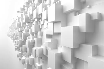 3D abstract geometric cubes on a white background. Abstract artwork of 3D rendering artwork of geometric shapes popping out from wall. Digital artwork for modern building. Abstract background. AIG51.