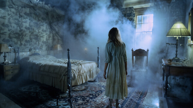Woman in white nightgown standing in haunted bedroom filled with mysterious fog. Eerie atmosphere with period furniture, ornate wallpaper, and soft window light. 