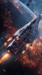 Cartoon-style spaceship exploring outer space. Vertical