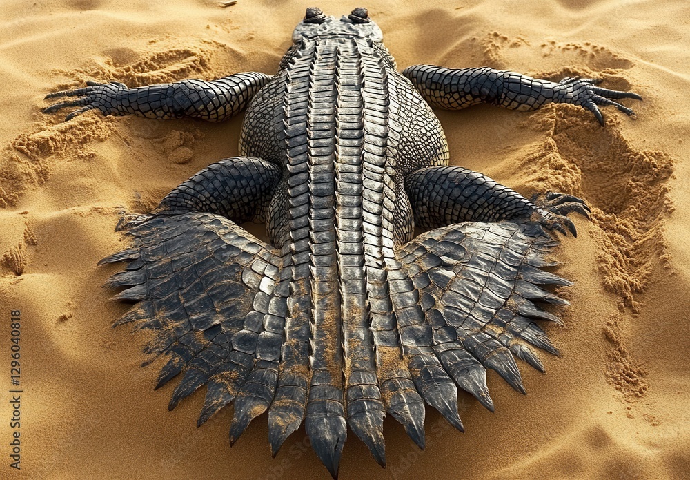 Poster desert scene featuring a large crocodile relaxing on sandy terrain with intricate scales and unique 