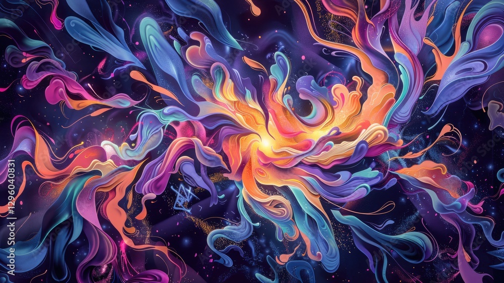 Poster colorful abstract fluid art with swirls and splashes on dark background. abstract artwork of vibrant