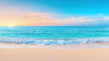 Obraz premium Serene Beach Landscape with Gentle Waves and Vibrant Cloudy Sky during Sunrise or Sunset over Tranquil Ocean Water in Bright Blue and Warm Tones