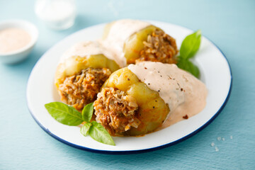 Stuffed peppers with beef, rice and sour cream sauce