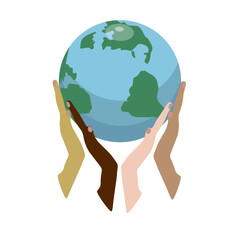 hand holding globe, earth.four hands of different nationalities
