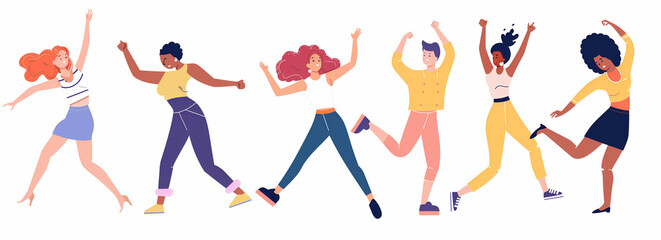 Flat illustration of multiple people dancing in different poses on a white background - vector style with flat colors and simple design.