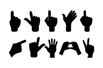 Black Silhouette Hand Gesture Icons Set – Pointing, Thumbs Up, OK Sign, Finger Counting, and More